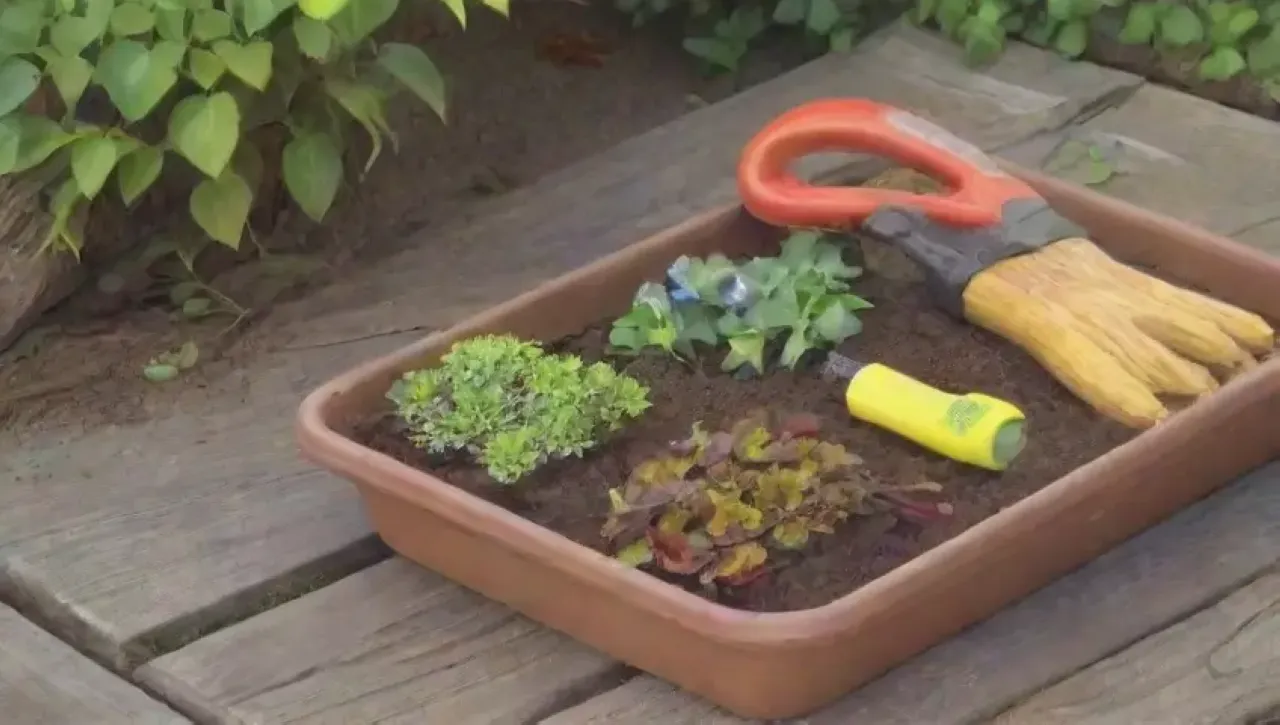 Un jardín vibrante y organizado con herramientas y flores bajo la luz del sol