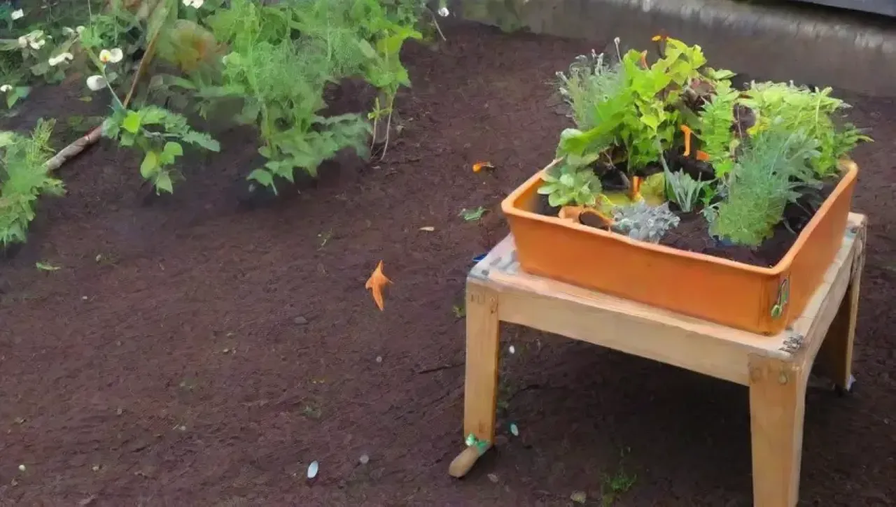 Un jardín urbano vibrante y sostenible lleno de compost, plantas y vida