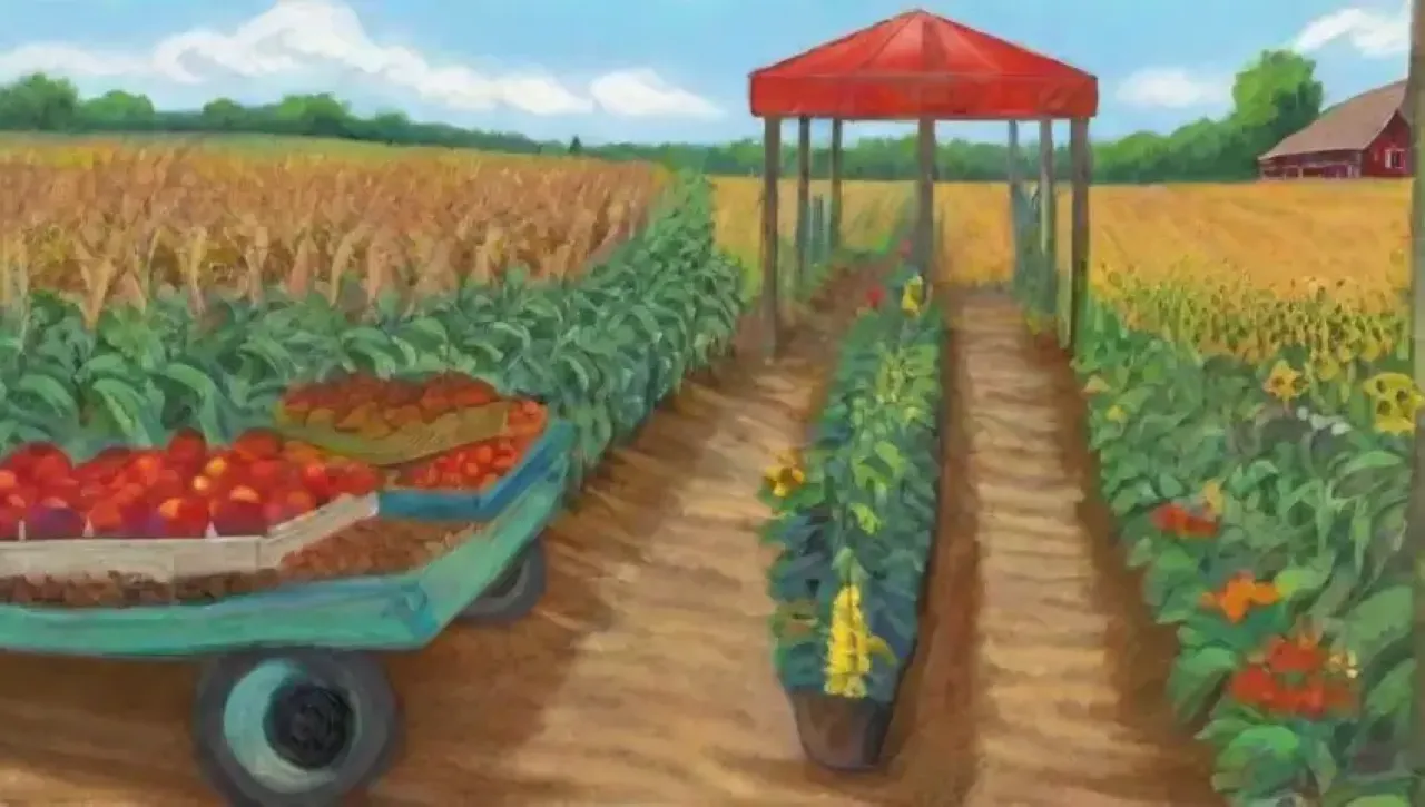 Un mosaico de belleza agrícola con campos verdes, cultivos diversos y vida en armonía