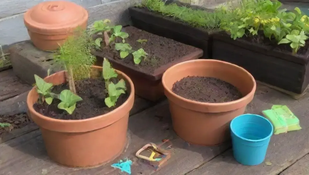 Un jardín vibrante con plantas, herramientas de jardinería y un ambiente armonioso