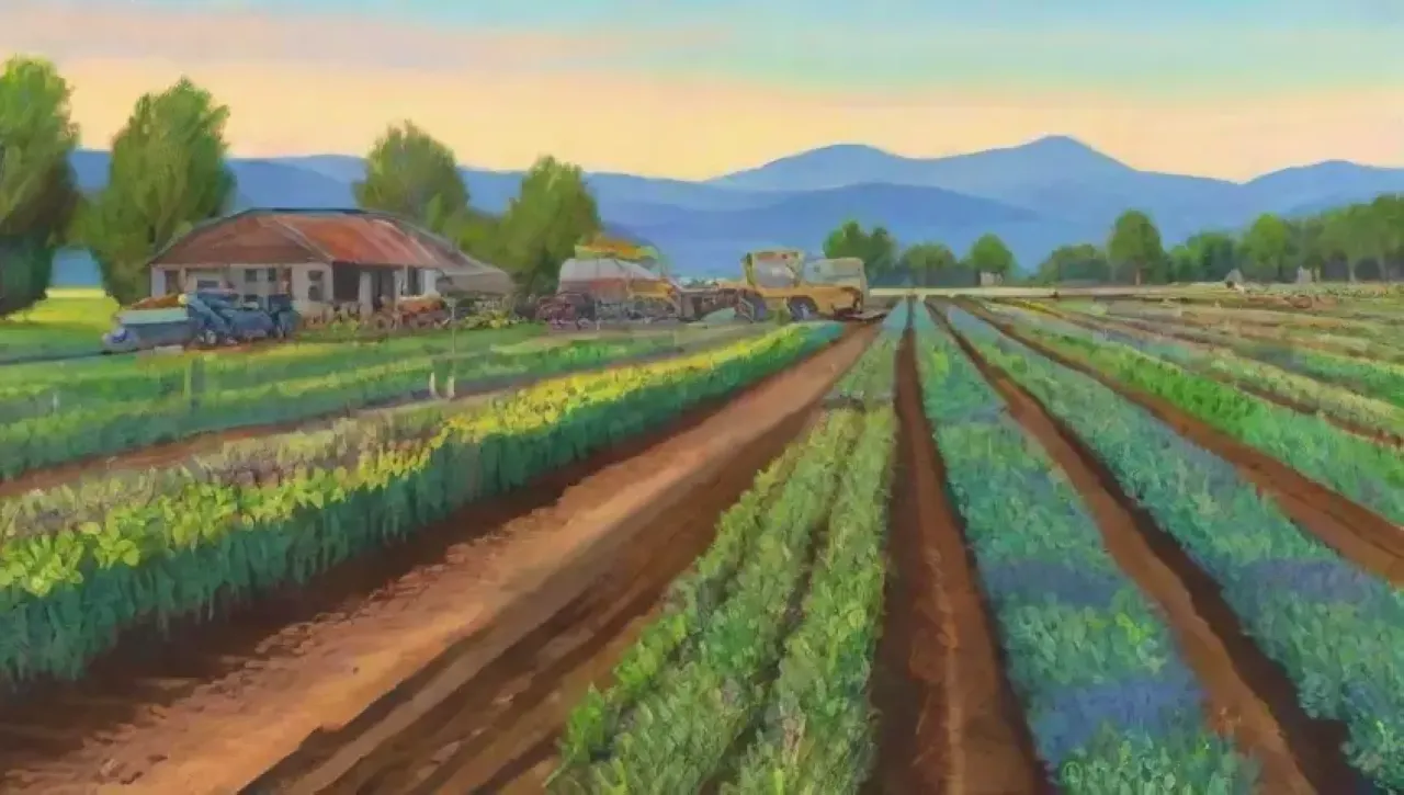 Un paisaje agrícola vibrante en transición con vida y signos de deterioro