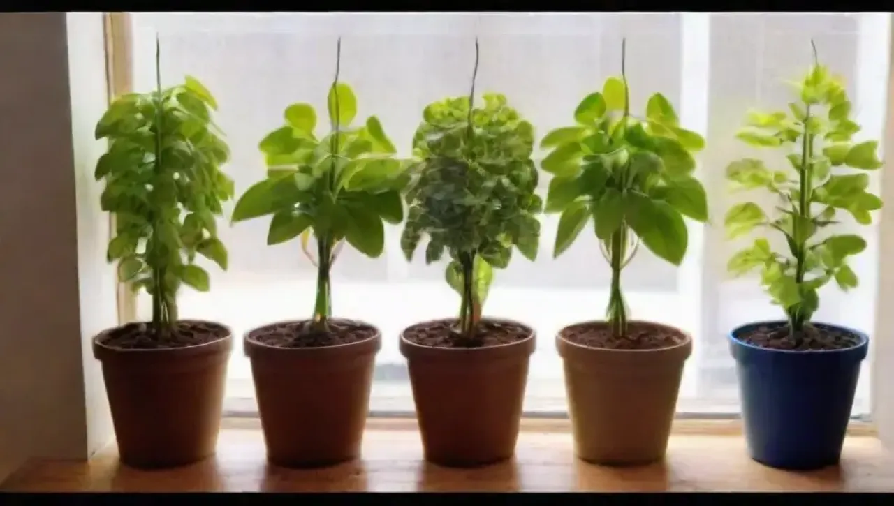 Un acogedor jardín interior con plántulas verdes, luz solar y herramientas de jardinería