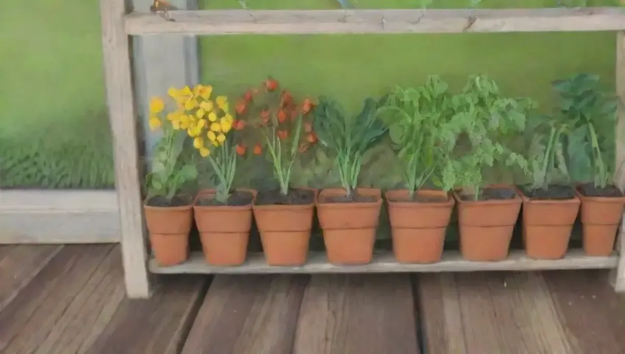 Un jardín vibrante con plantas, flores, verduras y herramientas bajo el sol