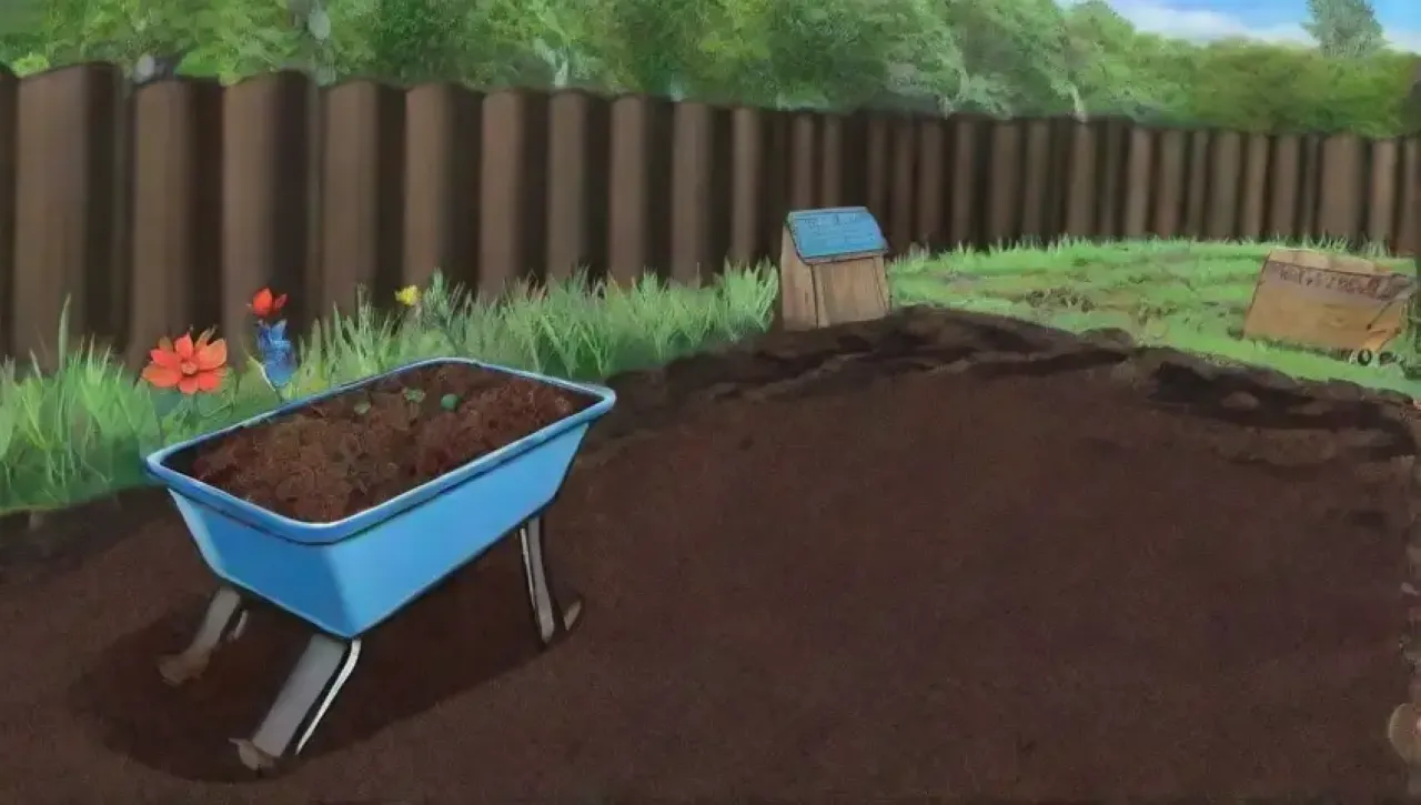 Un campo verde y vibrante con biochar, flores, vegetales y un ecosistema saludable