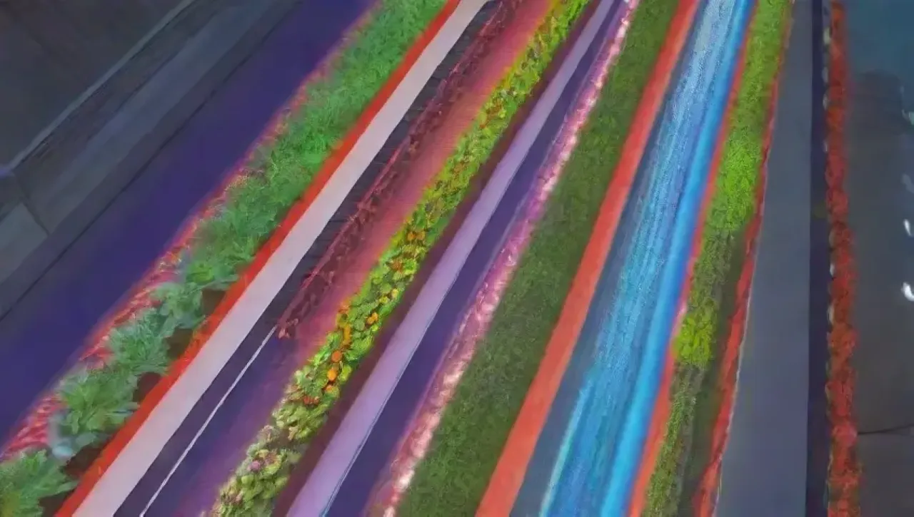 Un invernadero futurista lleno de plantas vibrantes y tecnología sostenible