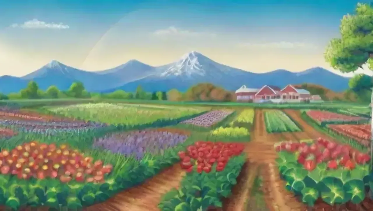 Campos verdes vibrantes con cultivos, agua y vida en un atardecer dorado