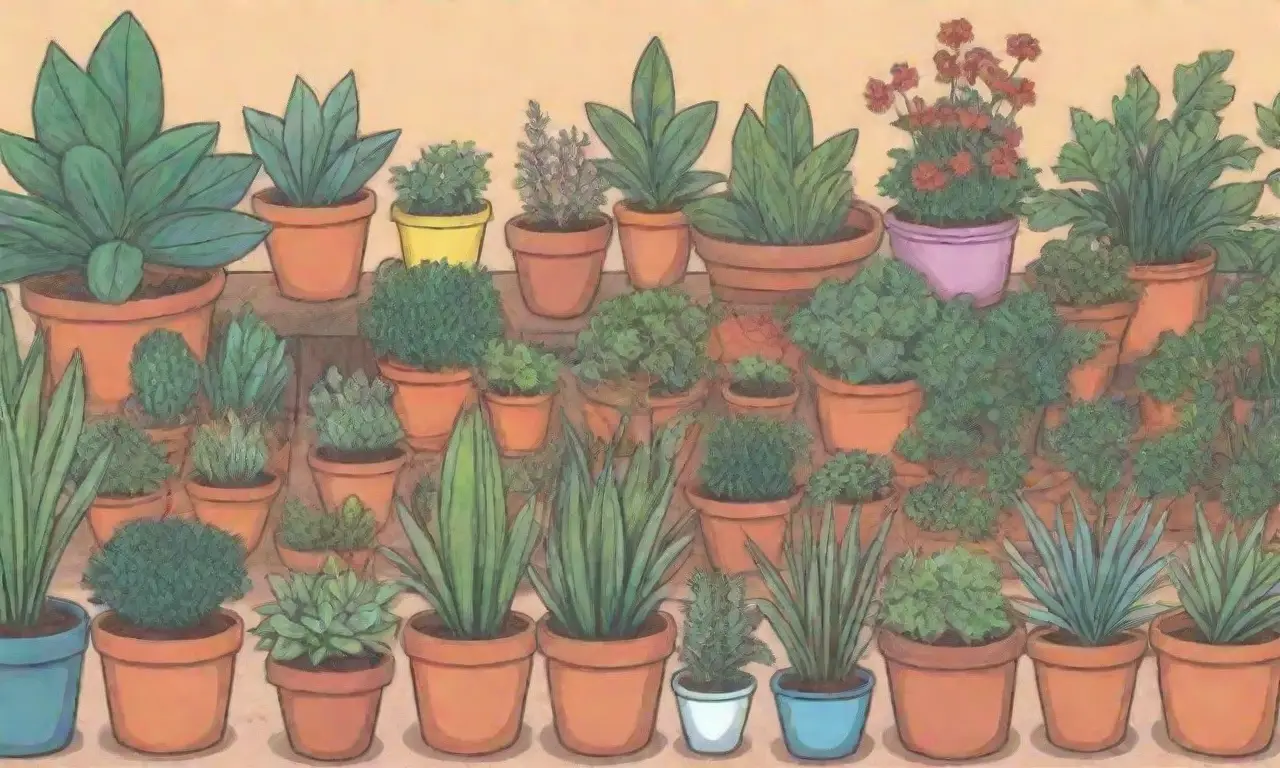 Escena de jardín vibrante con plantas, herramientas de jardinería, día soleado y vegetales coloridos