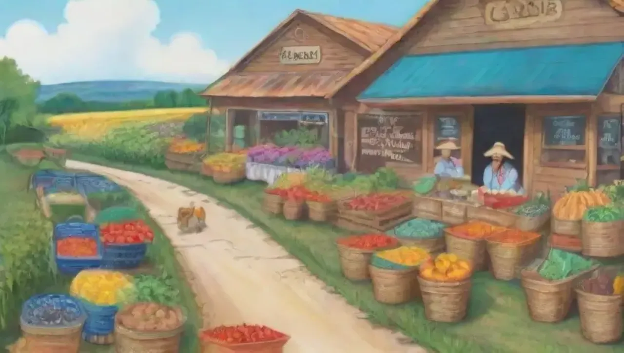 Un mercado agrícola vibrante y comunitario, lleno de productos frescos, sonrisas y conexión