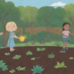 Jardín verde y vibrante donde niños aprenden y juegan con plantas bajo el sol