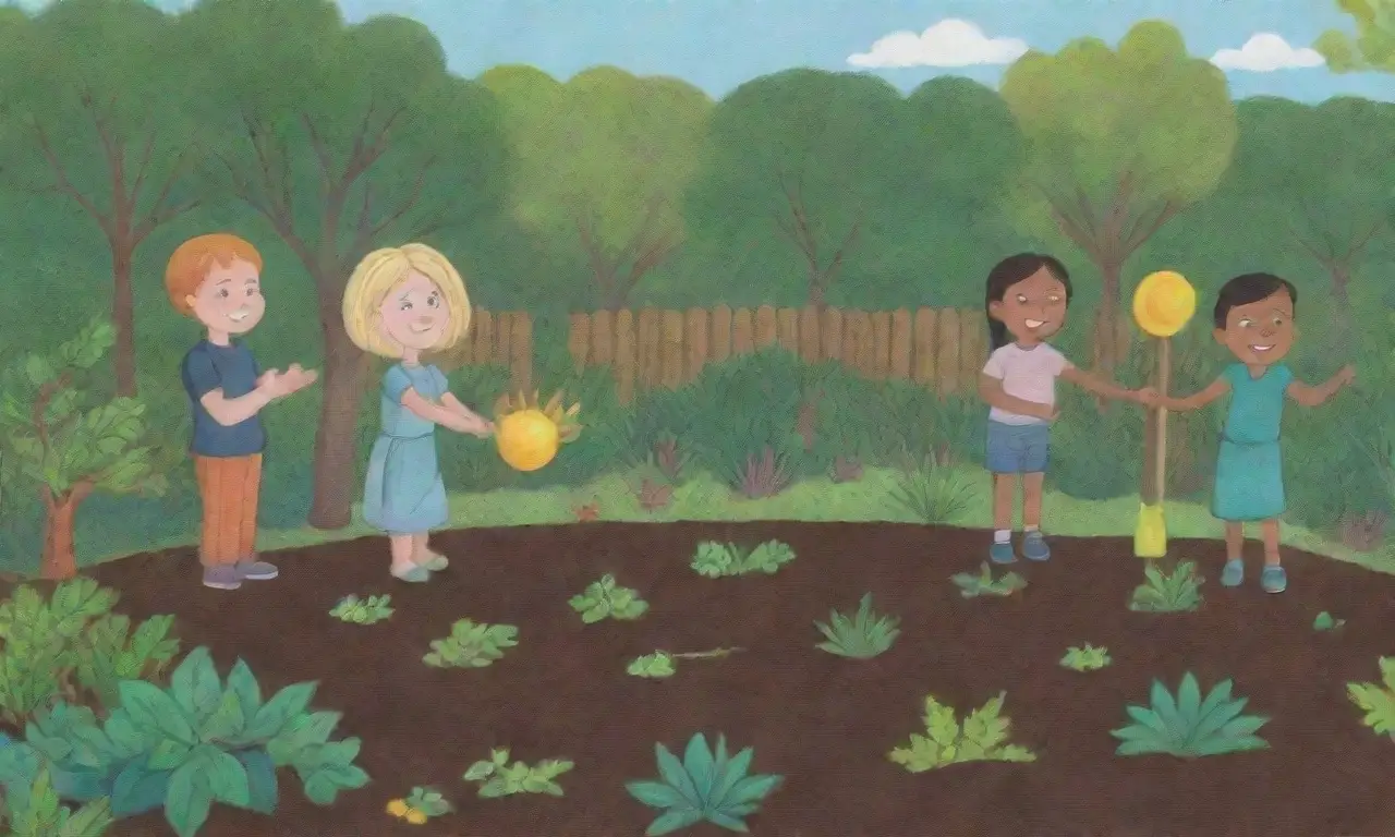 Jardín verde y vibrante donde niños aprenden y juegan con plantas bajo el sol