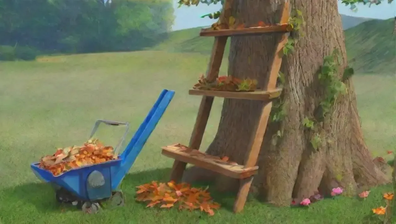 Un jardín sereno con un árbol frondoso, un jardinero trabajando y flores vibrantes