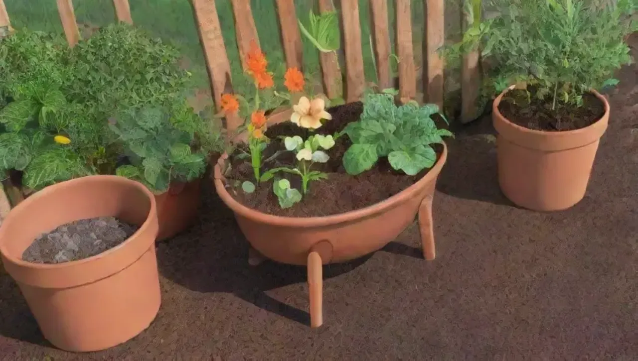 Un jardín vibrante con hojas verdes, flores, vegetales, herramientas y un cielo azul
