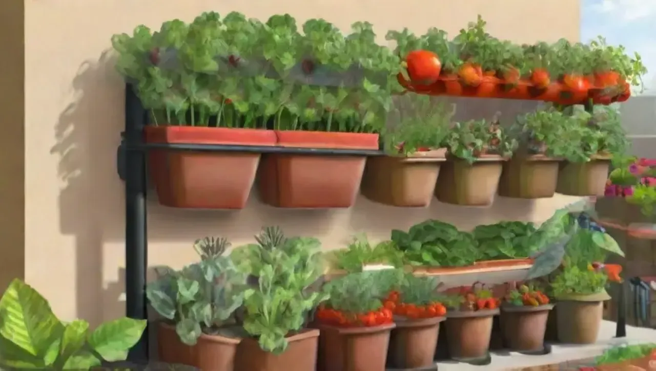 Un jardín vertical floreciente con vegetales vibrantes y un ecosistema armonioso