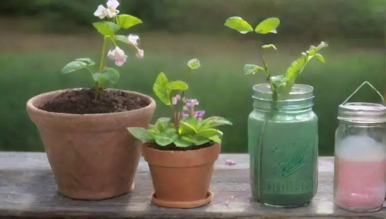 Un jardín vibrante con hojas brillantes, flores, herramientas de jardinería y una atmósfera tranquila
