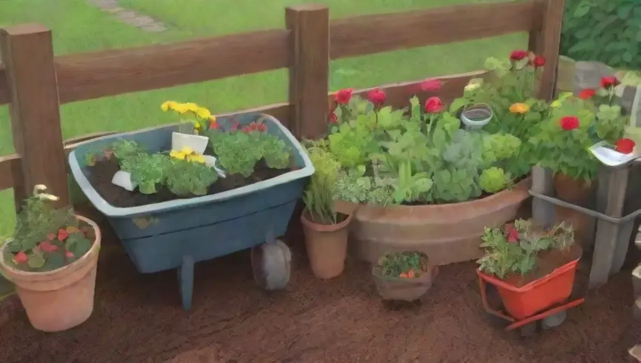Un jardín vibrante con plantas verdes, flores brillantes y un composter de madera