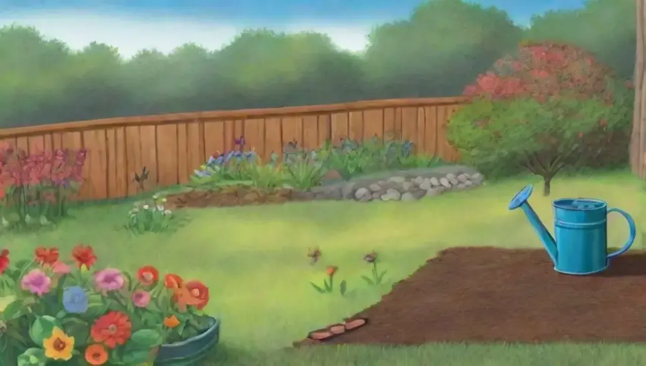 Un jardín vibrante con flores, herramientas y familia disfrutando del sol