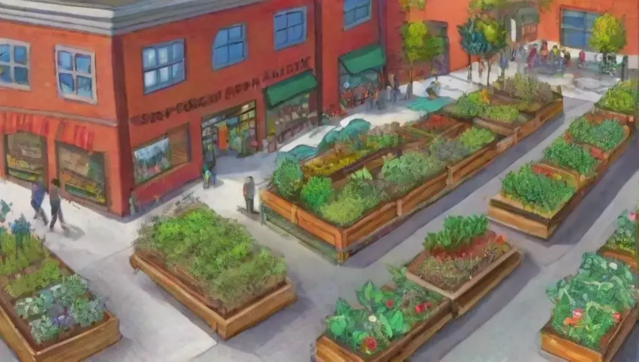 Un vibrante paisaje urbano lleno de jardines, cultivos y comunidad sostenible