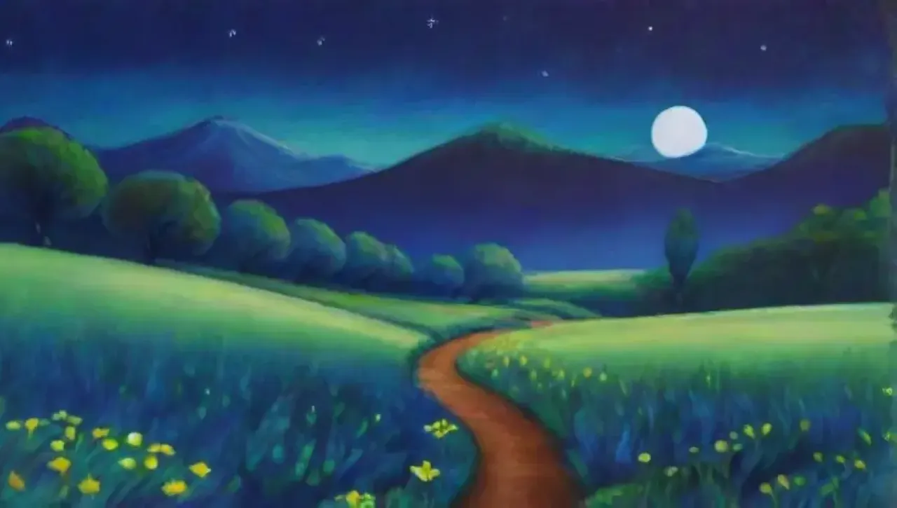 Un paisaje nocturno sereno con estrellas, luna, campos verdes y un suave rocío