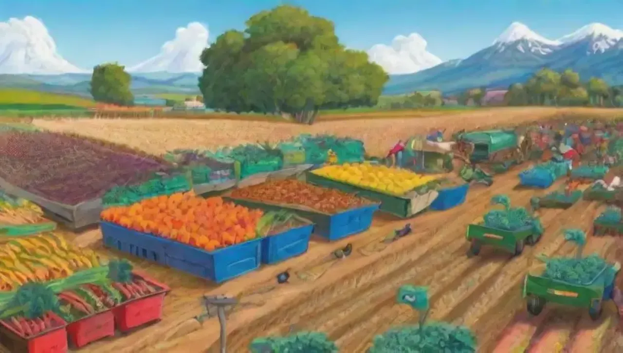 Un paisaje agrícola vibrante y sostenible, lleno de vida y comunidad