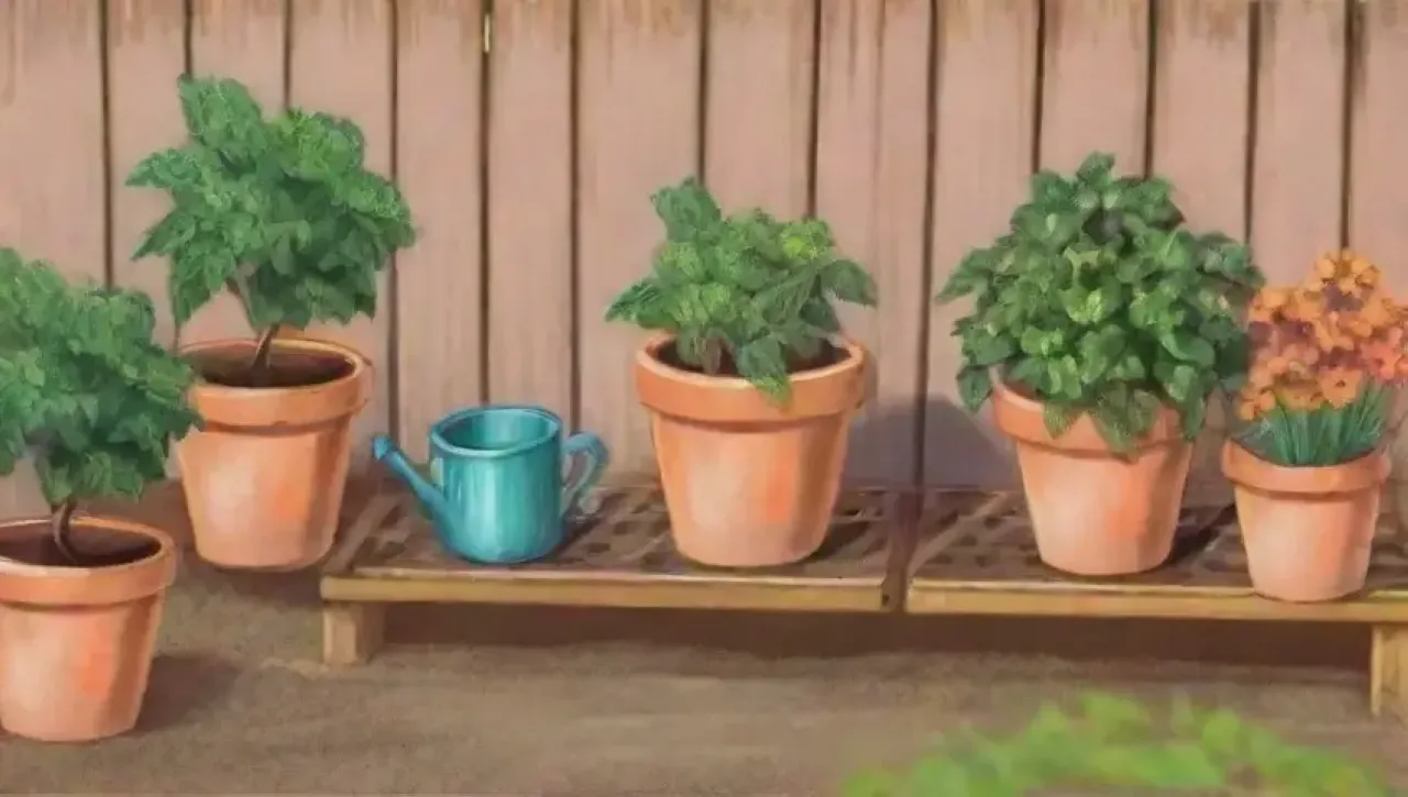 Un jardín sereno y vibrante lleno de plantas, herramientas y luz suave