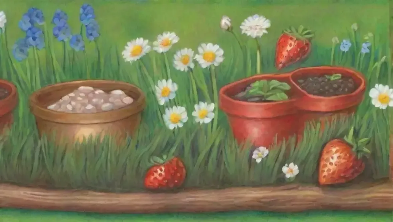 Un jardín vibrante con fresas rojas, flores blancas, hojas verdes y un ambiente pacífico