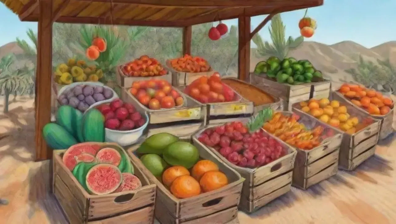 Frutas vibrantes y paisajes soleados en un mercado colorido