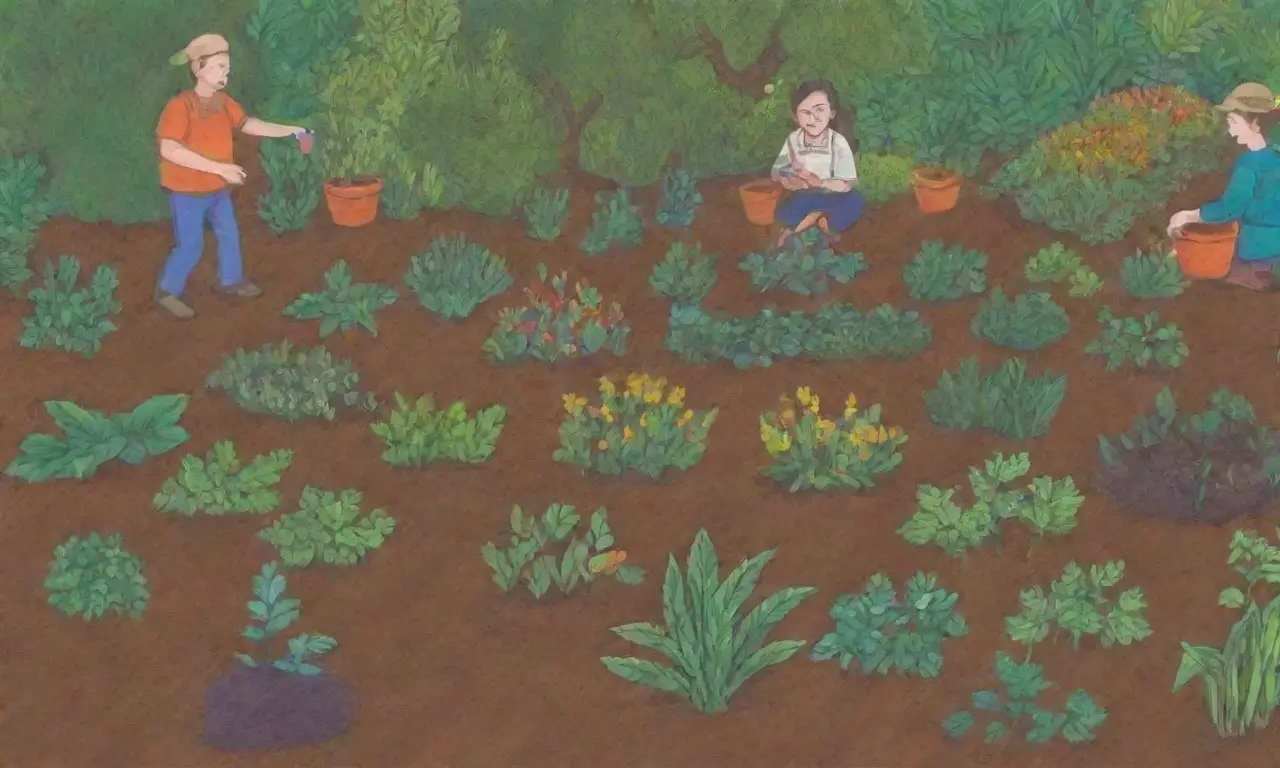 Plantas coloridas y cultivos diversos en un entorno de agroecología y comunidad