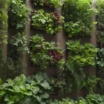 Jardín vertical urbano con vegetales frescos y diseño sostenible