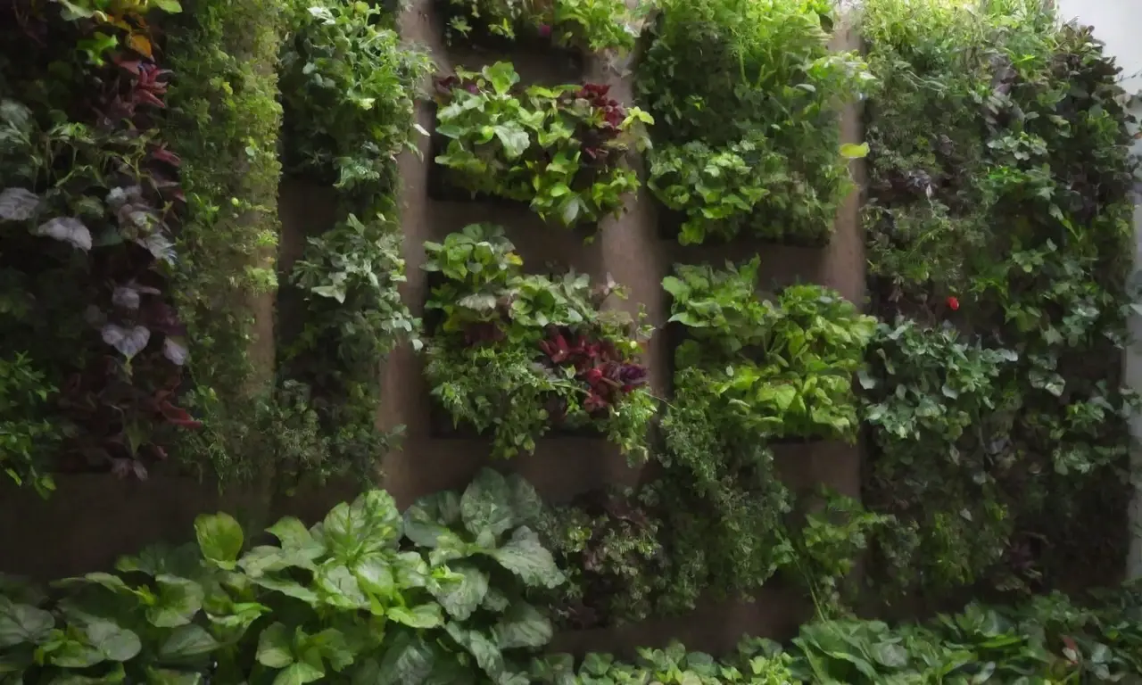 Jardín vertical urbano con vegetales frescos y diseño sostenible