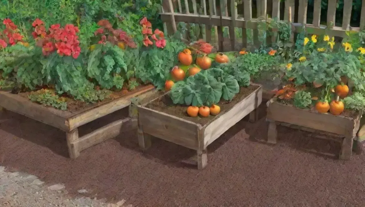 Un jardín otoñal vibrante y acogedor, lleno de colores, vegetales frescos y un ambiente sereno
