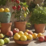 Frutas coloridas y plantas en un soleado patio para alegría del hogar