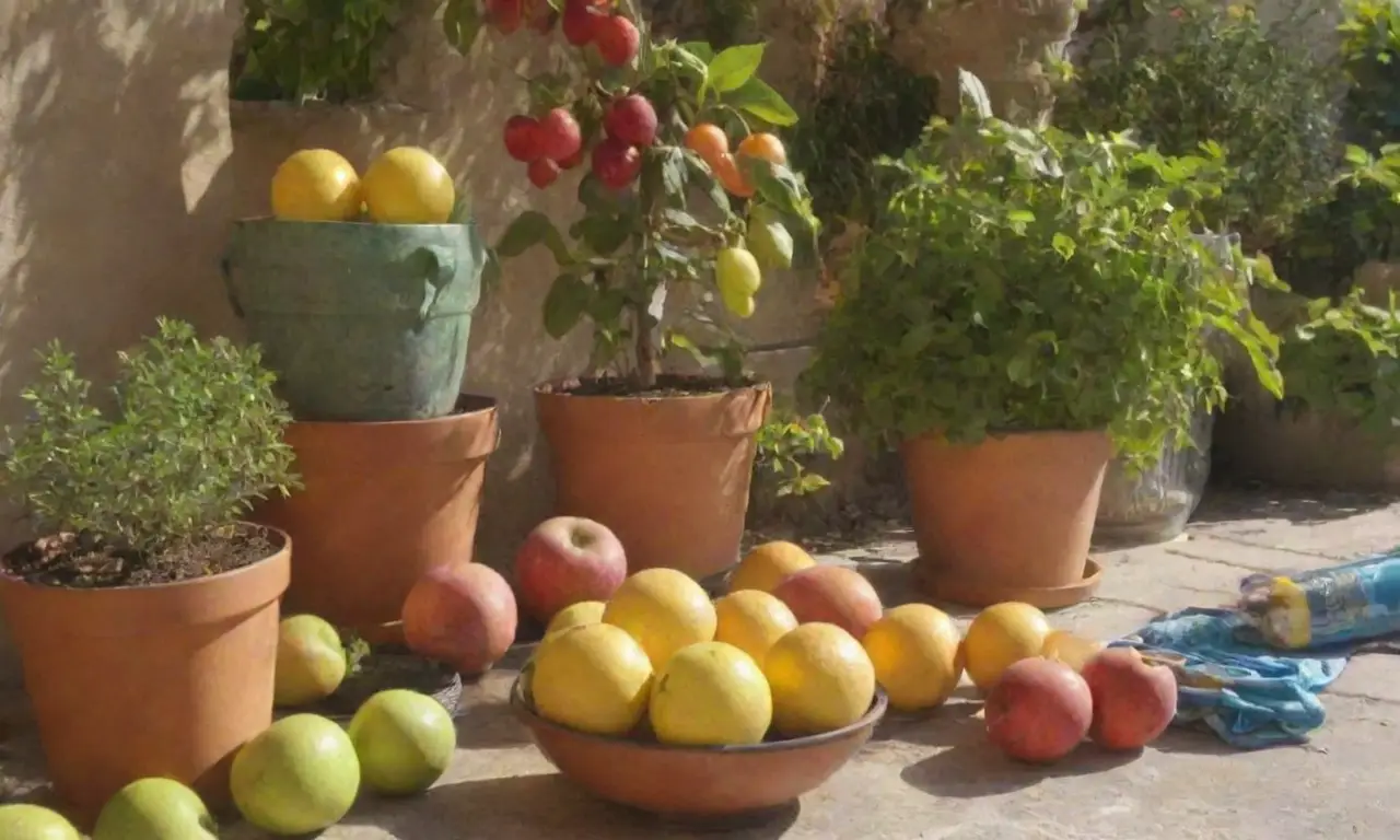 Frutas coloridas y plantas en un soleado patio para alegría del hogar