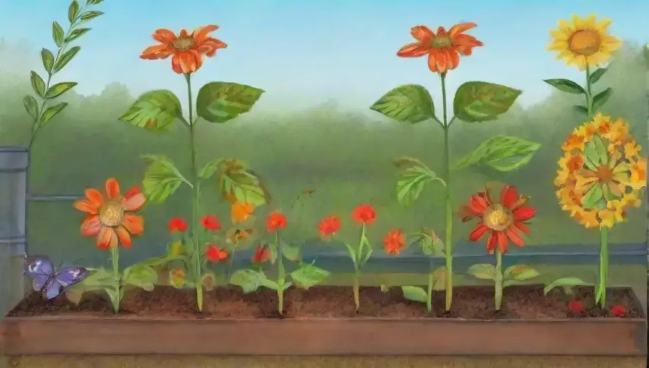 Un jardín vibrante y lleno de vida con hojas verdes, flores coloridas y aromas terrosos