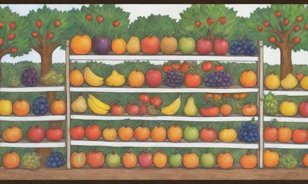 Guía de selección de frutas con ilustraciones, colores vibrantes y consejos anuales