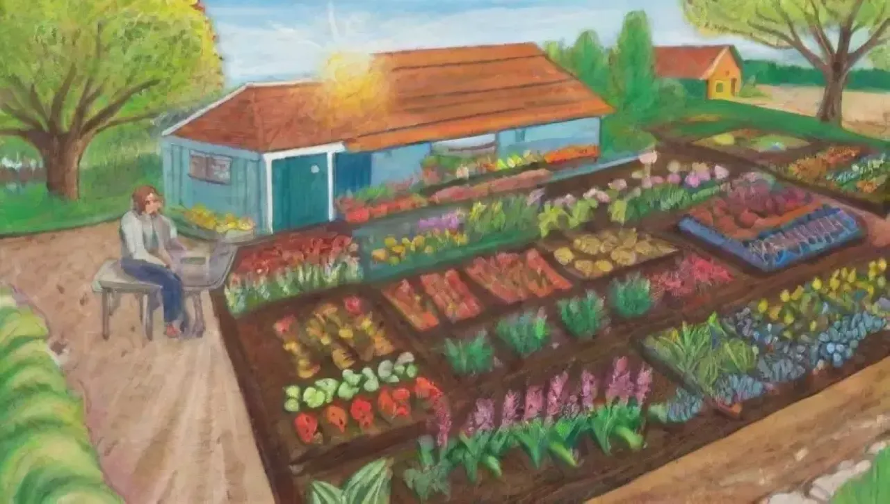 Un paisaje agrícola vibrante y sostenible con campos verdes, cultivos saludables y comunidad activa