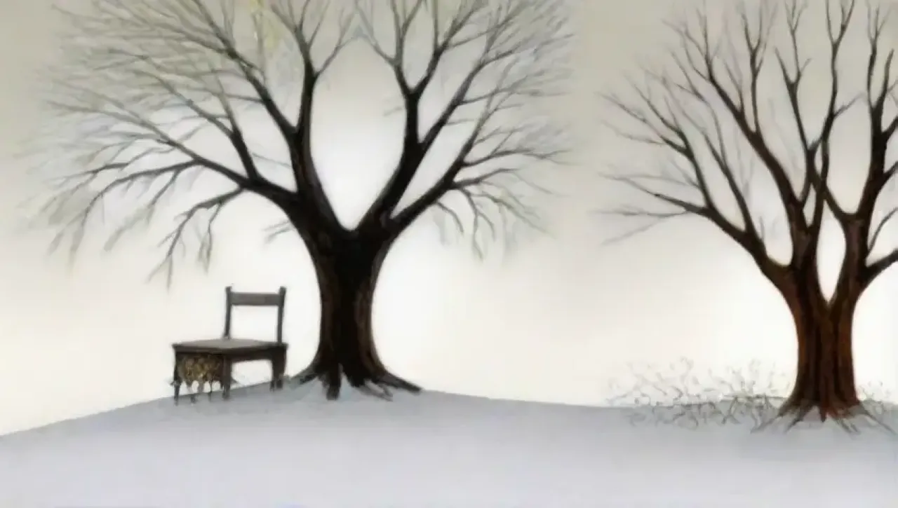 Un paisaje invernal sereno con árboles desnudos, escarcha brillante, un jardinero podando ramas y un aire fresco que promete la llegada de la primavera