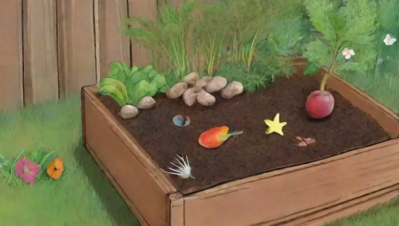 Un compost vibrante y diverso en un jardín, reflejando el ciclo de la naturaleza