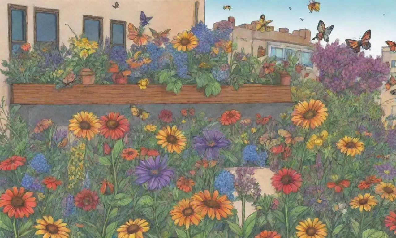 Jardín vibrante con flores, polinizadores y guías esenciales en un balcón urbano