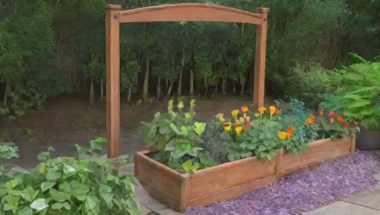 Un jardín vibrante lleno de plantas, flores, insectos y un rincón acogedor