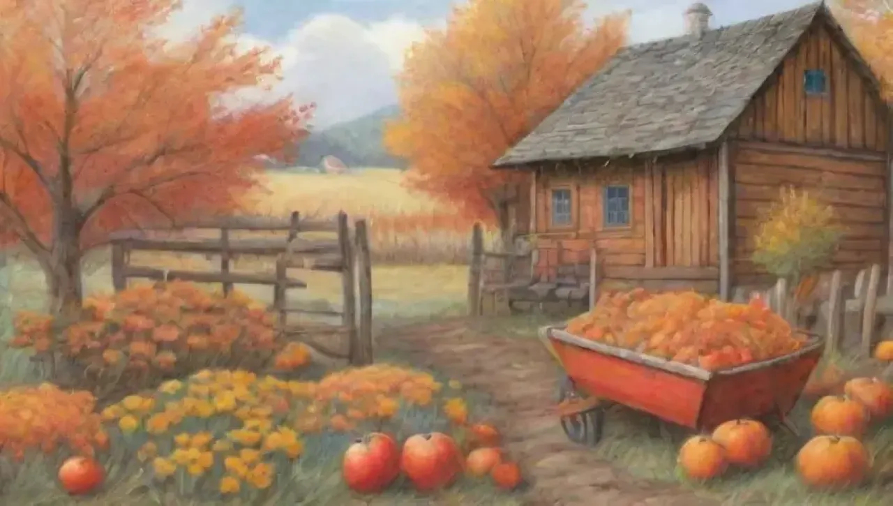 Un paisaje otoñal con hojas doradas, calabazas, flores marchitas y la promesa del invierno