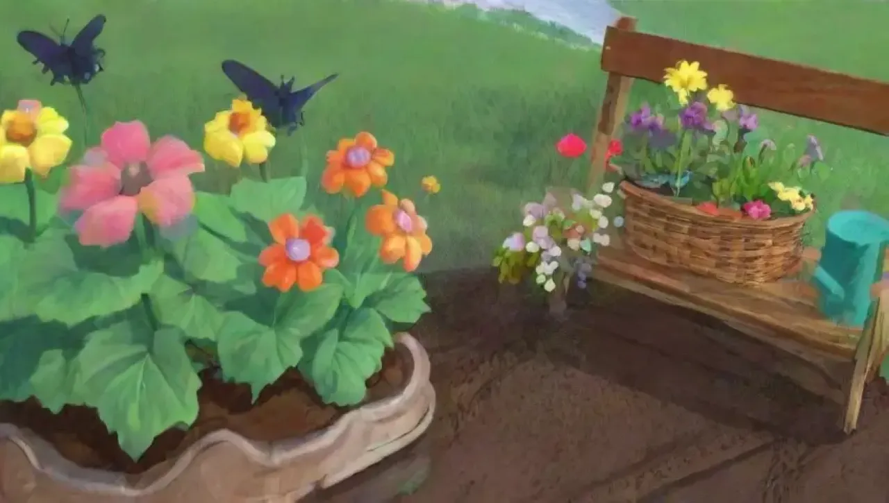 Un jardín vibrante y lleno de vida, con frutas y verduras listas para cosechar bajo un cielo azul