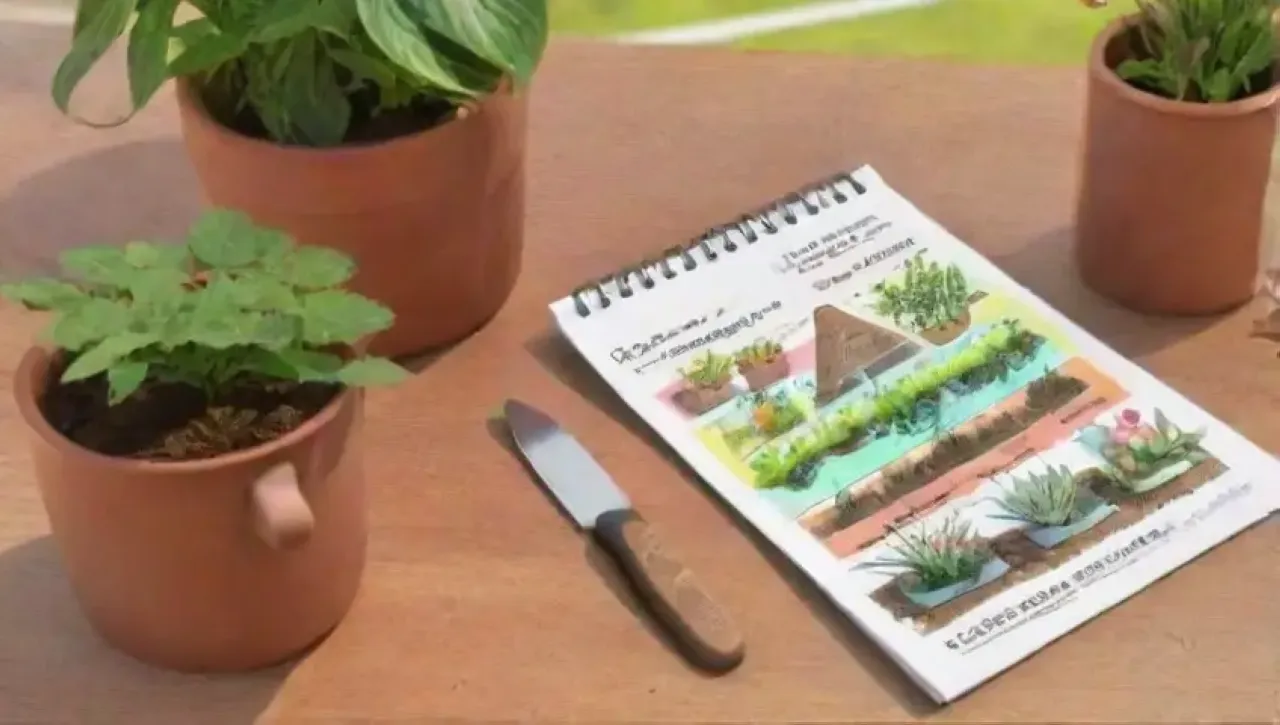 Un jardín vibrante con hojas verdes, flores delicadas y herramientas de jardinería bajo la luz del sol