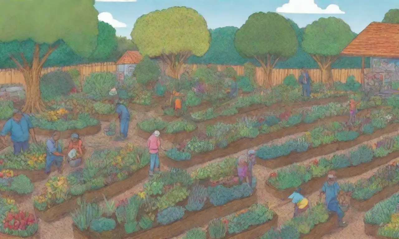 Escena de jardín vibrante con cultivos diversos y colaboración comunitaria en prácticas sostenibles