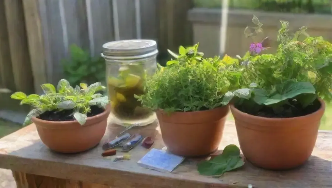Un entorno sereno y fresco con hojas verdes, hierbas, flores y herramientas de jardinería