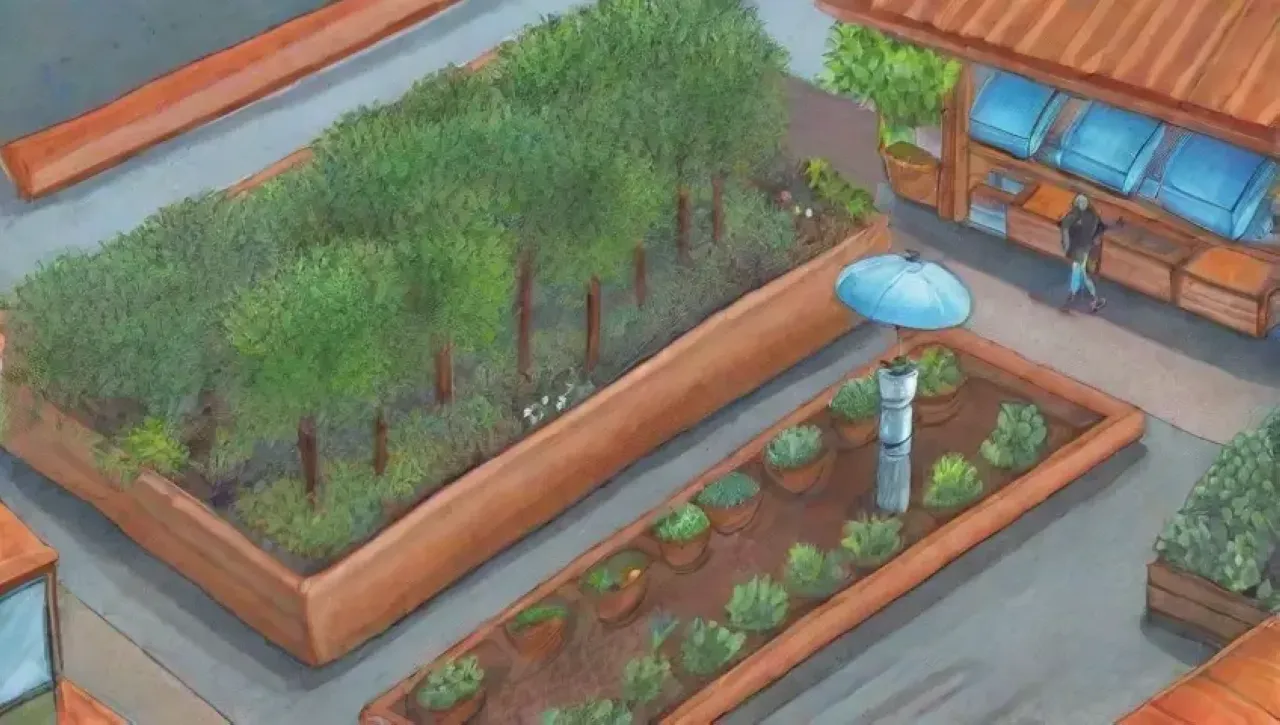 Un paisaje verde vibrante con sistemas de recolección de agua de lluvia, jardines florecientes y comunidades activas