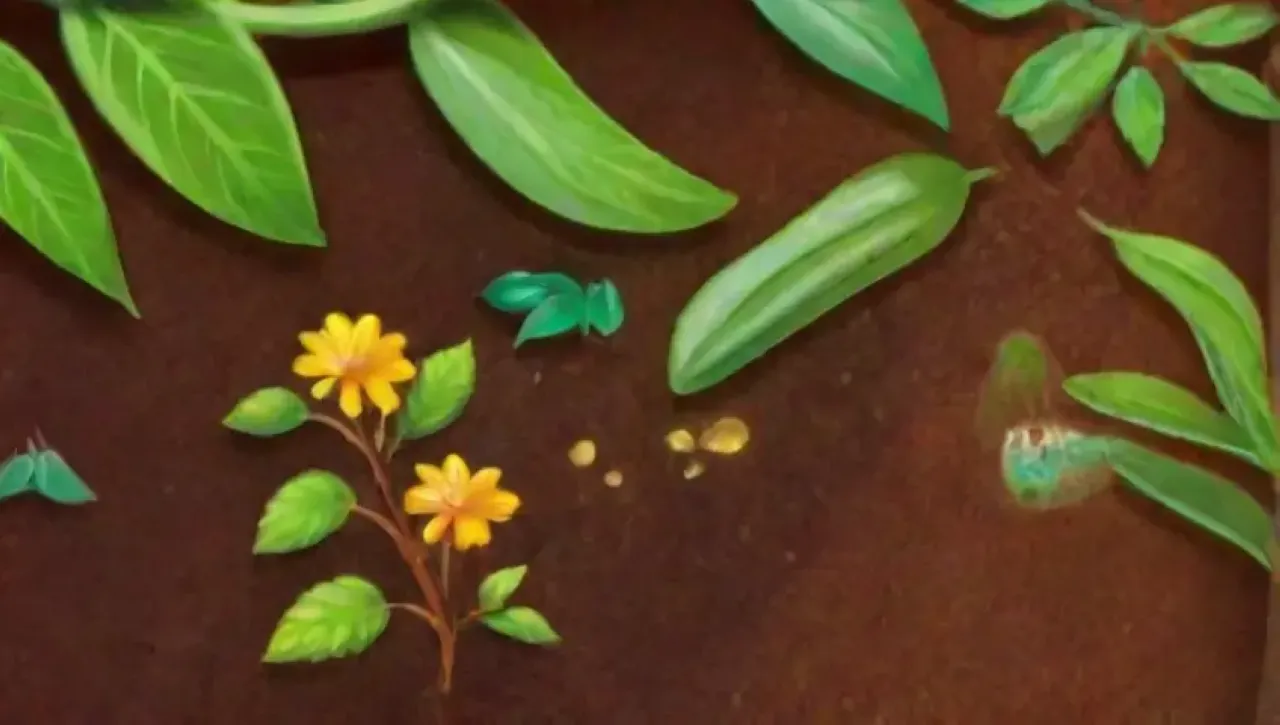 Un jardín vibrante y saludable con hojas verdes, flores coloridas y un ecosistema en armonía