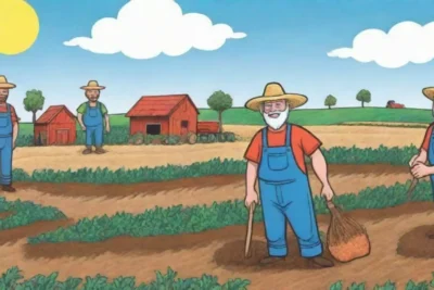 Paisajes rurales vibrantes con agricultores trabajando en comunidades sostenibles bajo cielos brillantes