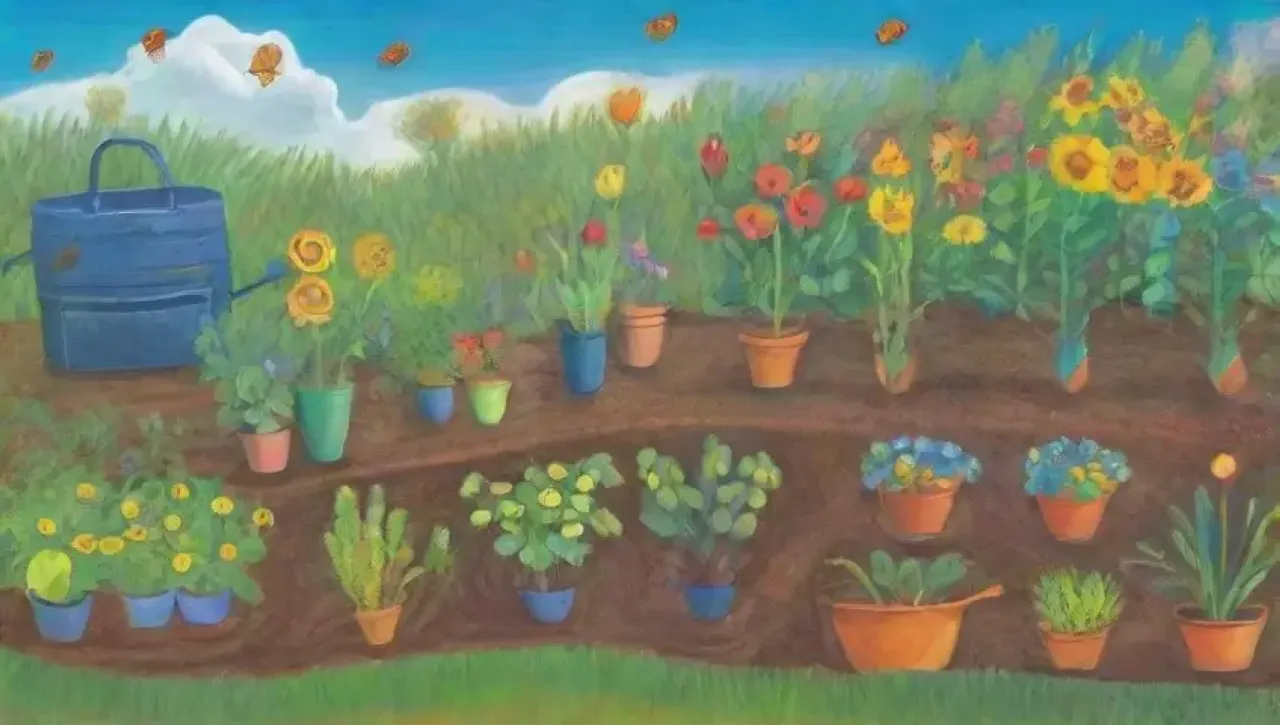 Escena de jardín vibrante con legumbres coloridas, flores delicadas, abejas, mariposas y un ecosistema floreciente