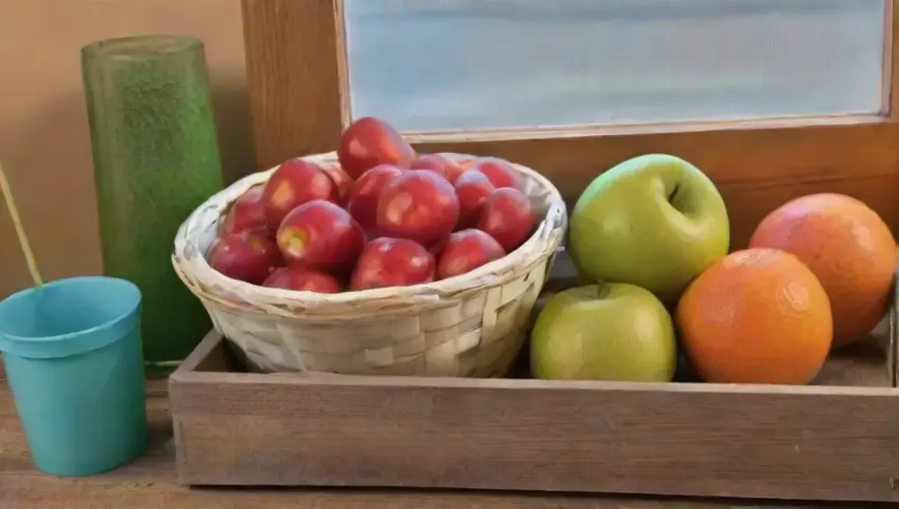 Una cocina acogedora llena de frutas vibrantes y utensilios rústicos