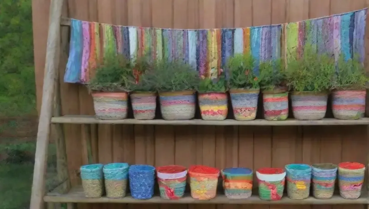 Un jardín vibrante y colorido lleno de arte reciclado y plantas exuberantes